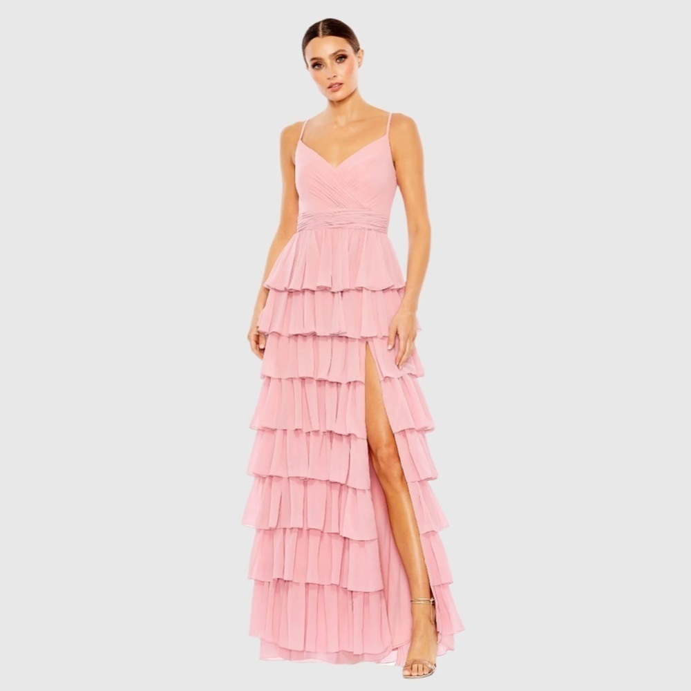 Mac Duggal 55416 NWT Pink V-Neck Sleeveless Gown with Ruffled Skirt